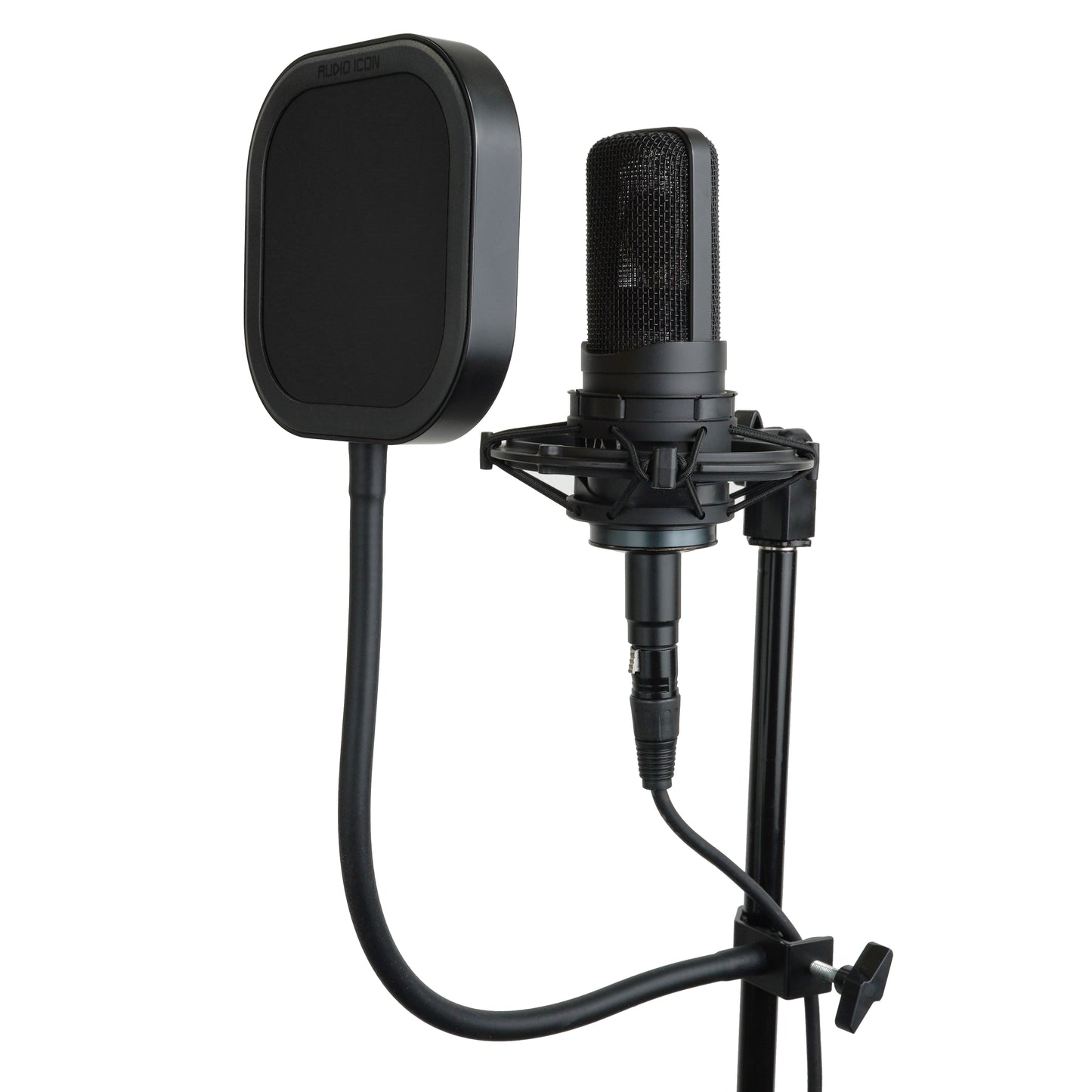 Black microphone with Flex Pro Classic Black Mesh pop filter on a white background