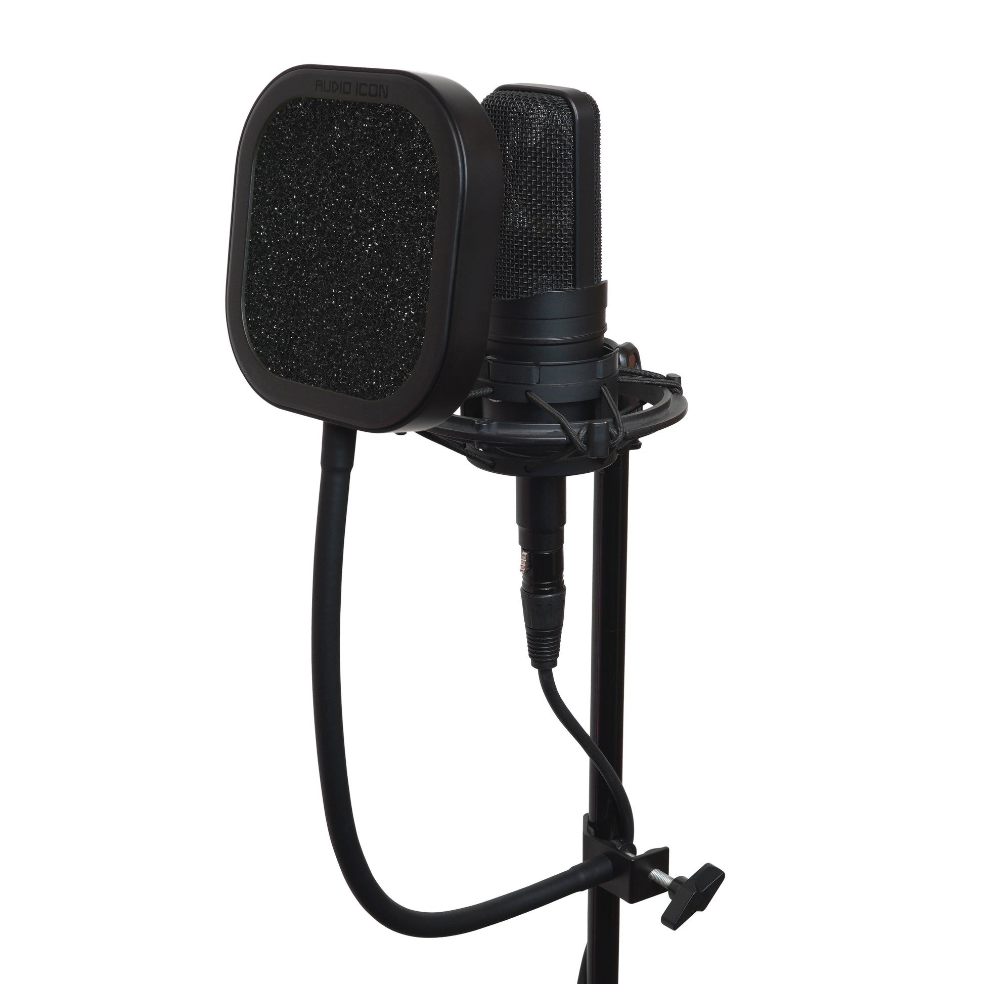 Black studio microphone with Flex Pro Acoustic Foam pop filter on a white background