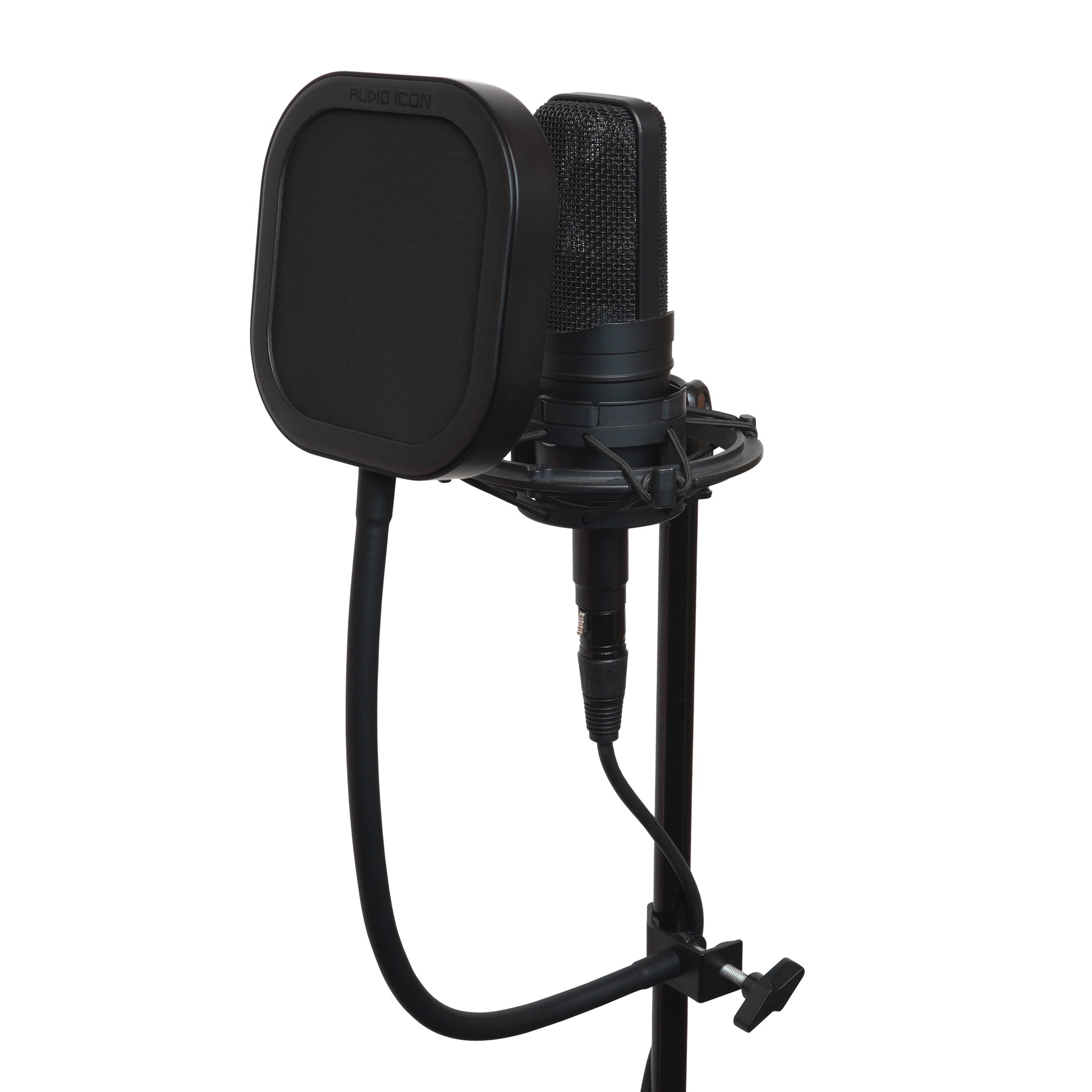 Black microphone with Flex Pro Classic Black Mesh pop filter on a white background
